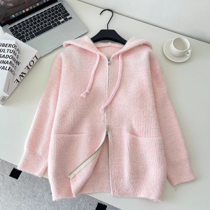 Sweet And Versatile Knitted Cardigan With Loose Hood And Zip-up Pockets YM2425