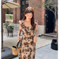 New retro round neck ruffle print dress   YM1180
