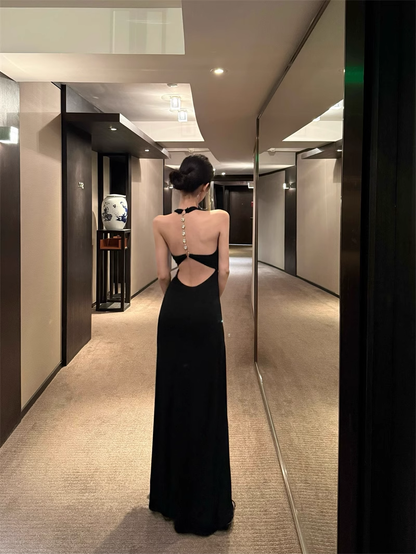 Black Halter Backless Long Party Dress Birthday Outfits YM2108
