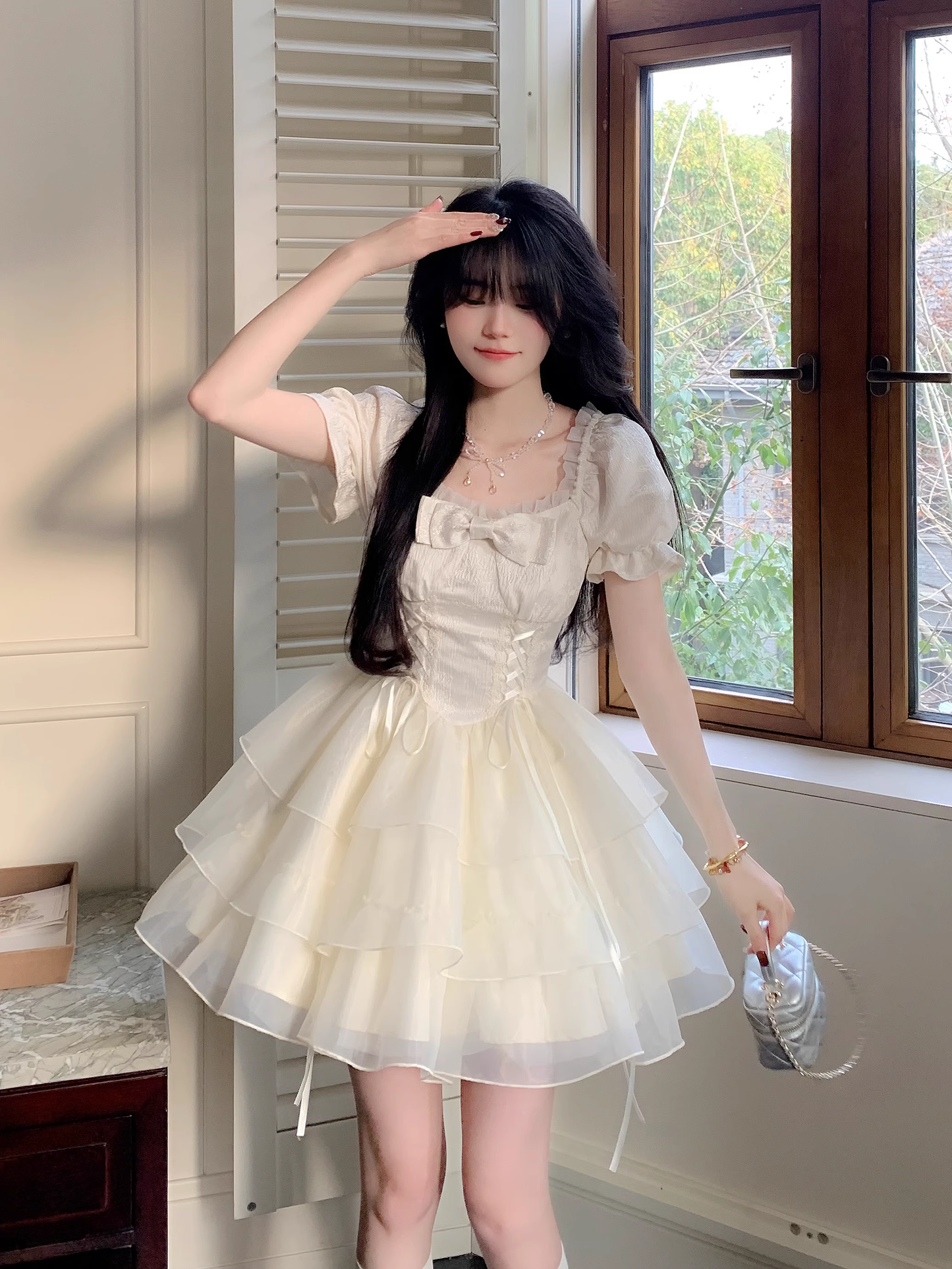 Sweet Apricot Princess Style Bowknot Organza Short Dress Puff Birthday Party Dress YM2031