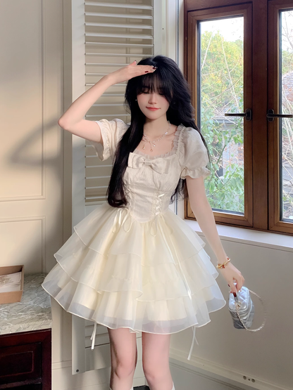 Sweet Apricot Princess Style Bowknot Organza Short Dress Puff Birthday Party Dress YM2031