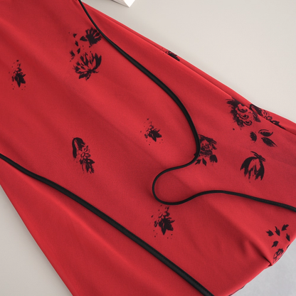 Retro Red V-neck Suspender Women Dress Long Holiday Dress YM2328
