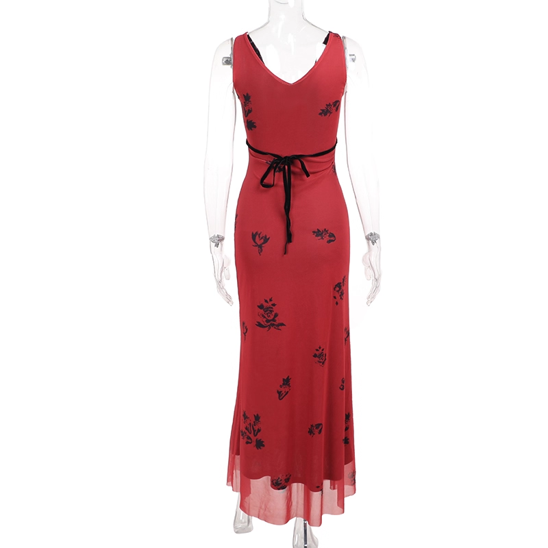 Sexy V Neck Red Print Floral Long Birthday Dress Vacation Dress YM2203