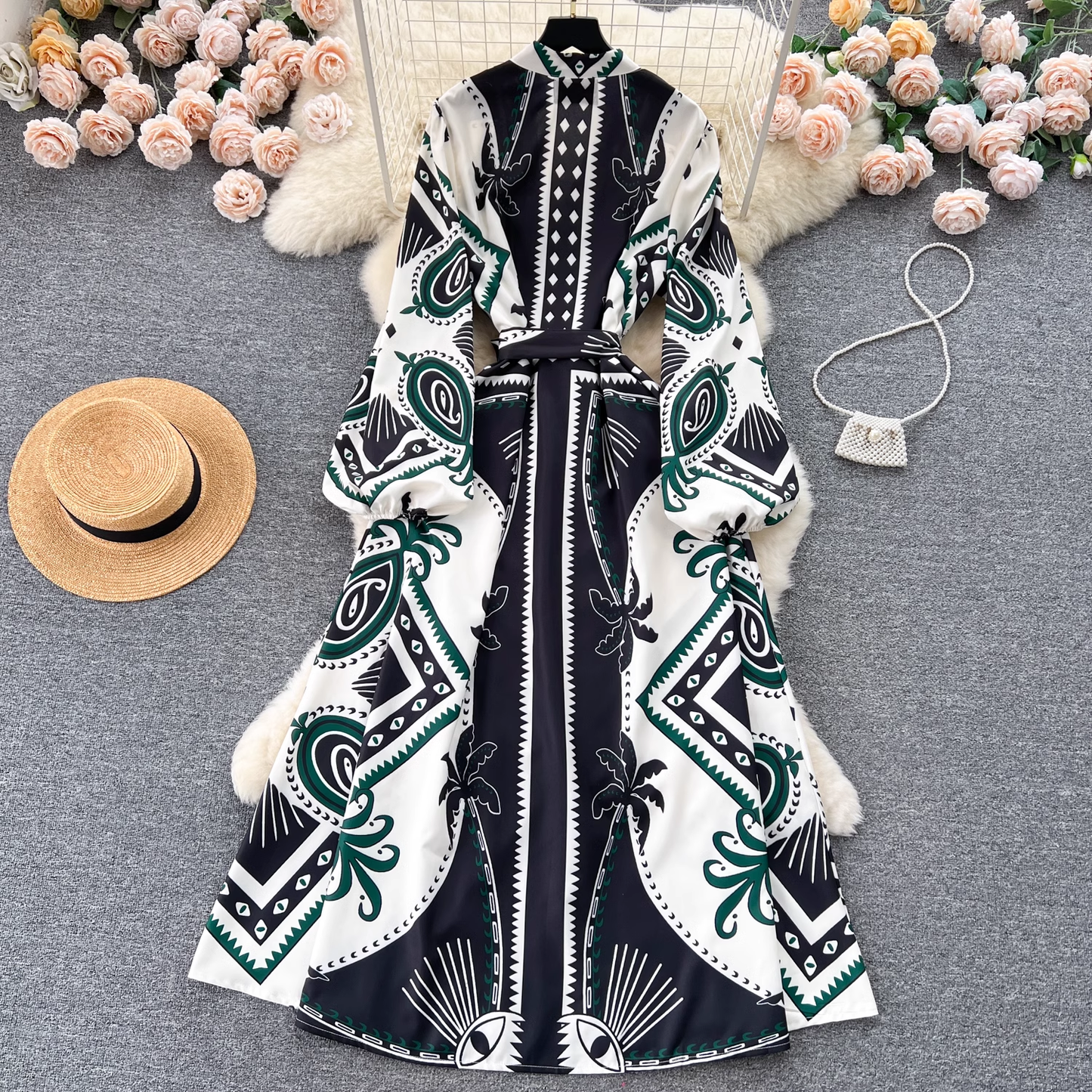 Bow Tie Printed Maxi Dress ,YM153