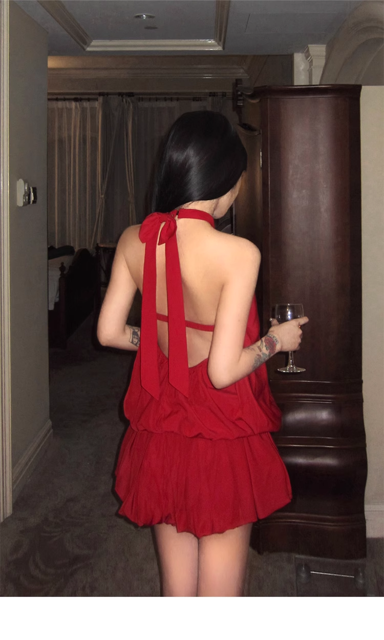 Red Halter Backless Short Prom Dress Birthday Outfits YM2012