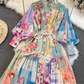 Retro style lantern long-sleeved stand collar A-line print dress YM962
