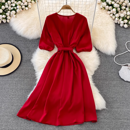 chic retro solid color ruffled mid-length square neck dress ,YM210