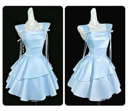 Blue Satin A Line Short Birthday Dress Vacation Dress YM2456