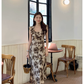 New retro round neck ruffle print dress   YM1180