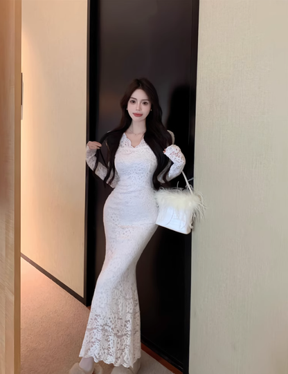 Classy White Sexy Lace Prom Dress Long Mermiad Party Dress YM1821