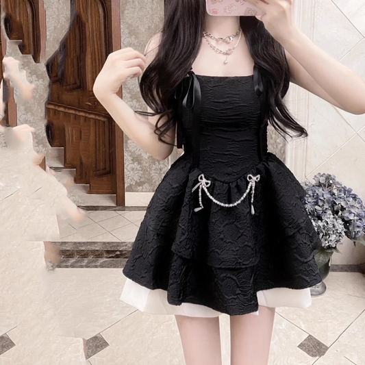 Beautiful Black Bow A Line Vacation Dress Birthday Outfits YM2122