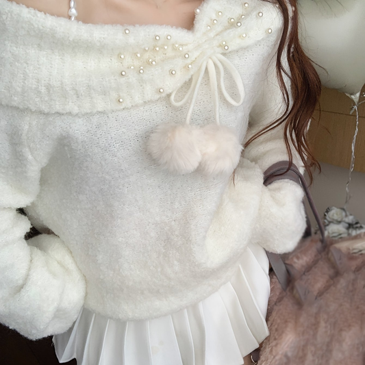 Asymmetric White Shoulder Chain Strap Sweater YM1931