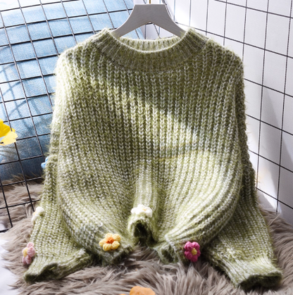 Retro Green Short Pullover Sweater Stylish Round Neck Long Sleeve Knitted Sweater YM2371