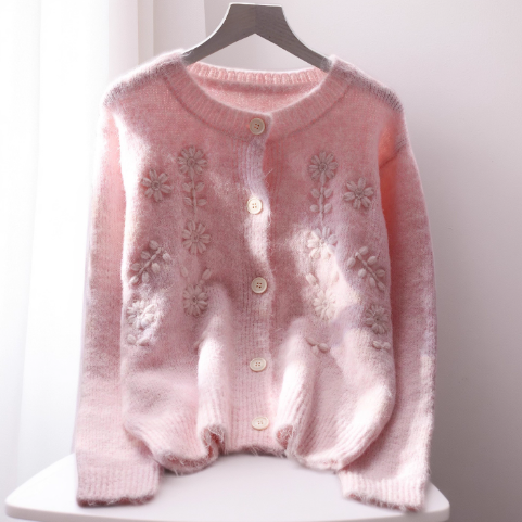 Pink Round Neck Sweater Jacket Sweet Outer Long-Sleeved Knitted Cardigan YM2382