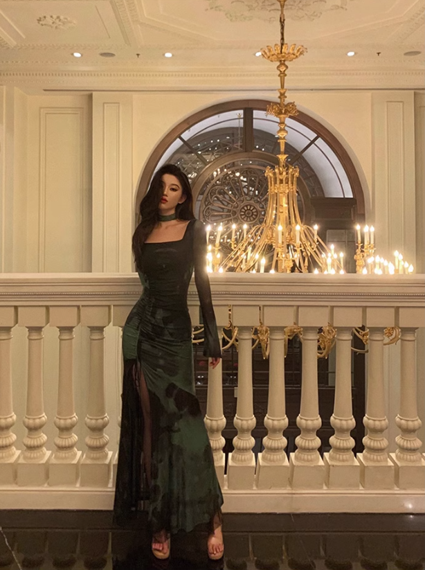 Sexy Square Neck Halter Prom Dress Slit Long Evening Gown YM1623