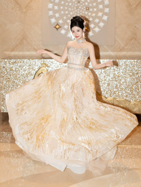 Puffy Champagne Sequins Glitter Strapless A-Line Long Prom Dress Evening Dress Ball Gown YM2691