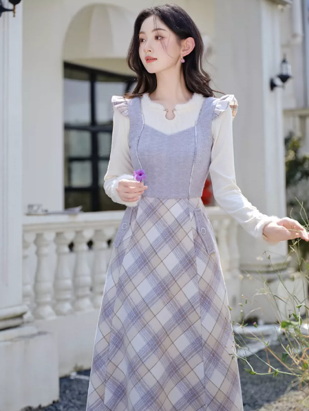Gentle Lavender Plaid Jewel A-Line Maxi Women Dress Holiday Dress YM2721