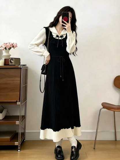 College Style Black and White Sweet Bow Square-neck A-Line Maxi Women Dress Holiday Dress YM2711