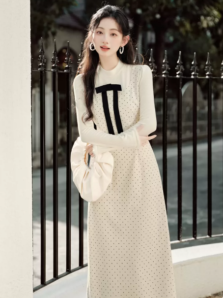 Gentle Ivory Polka Dots High Collar A-Line Maxi Women Dress Holiday Dress YM2746