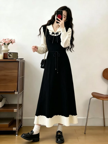 College Style Black and White Sweet Bow Square-neck A-Line Maxi Women Dress Holiday Dress YM2711