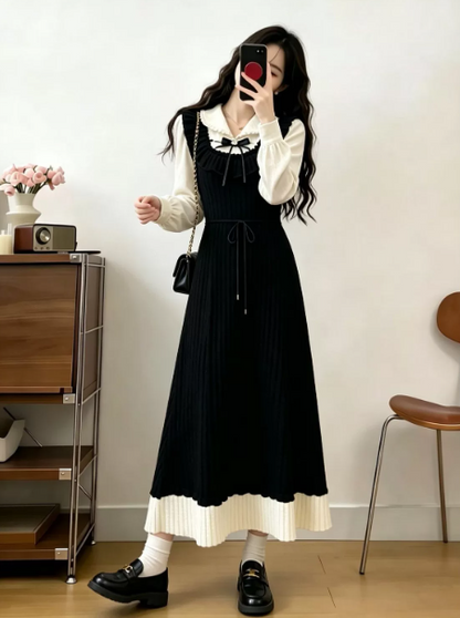 College Style Black and White Sweet Bow Square-neck A-Line Maxi Women Dress Holiday Dress YM2711