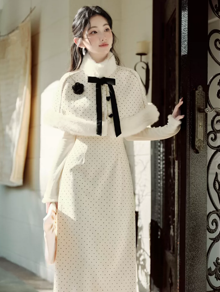 Gentle Ivory Polka Dots High Collar A-Line Maxi Women Dress Holiday Dress YM2746