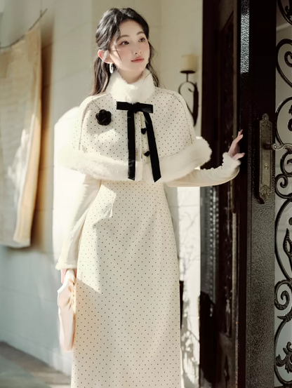 Gentle Ivory Polka Dots High Collar A-Line Maxi Women Dress Holiday Dress YM2746