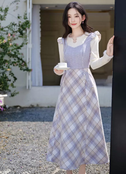 Gentle Lavender Plaid Jewel A-Line Maxi Women Dress Holiday Dress YM2721