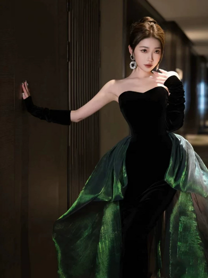 Sparkly Green Tulle Flowy Strapless A-Line Maxi Prom Dress Birthday Dress Ball Gown YM2701