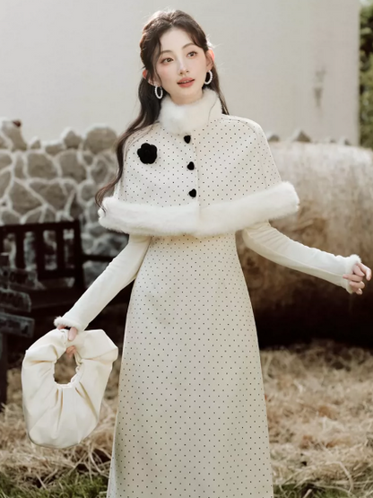 Gentle Ivory Polka Dots High Collar A-Line Maxi Women Dress Holiday Dress YM2746