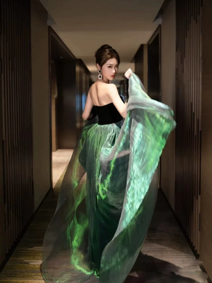 Sparkly Green Tulle Flowy Strapless A-Line Maxi Prom Dress Birthday Dress Ball Gown YM2701