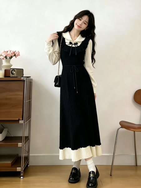 College Style Black and White Sweet Bow Square-neck A-Line Maxi Women Dress Holiday Dress YM2711