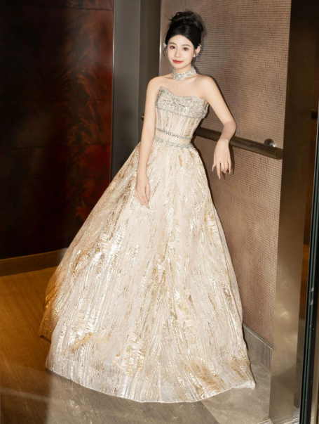Puffy Champagne Sequins Glitter Strapless A-Line Long Prom Dress Evening Dress Ball Gown YM2691