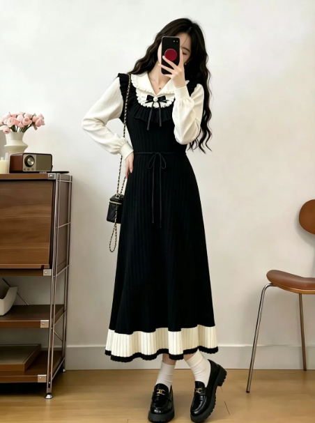 College Style Black and White Sweet Bow Square-neck A-Line Maxi Women Dress Holiday Dress YM2711