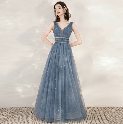 Sparkly Dark Blue Tulle Sequins Portrait A-Line Long Prom Dress Party Dress YM2608