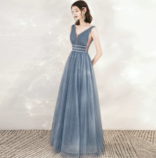 Sparkly Dark Blue Tulle Sequins Portrait A-Line Long Prom Dress Party Dress YM2608