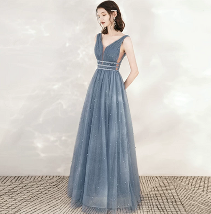 Sparkly Dark Blue Tulle Sequins Portrait A-Line Long Prom Dress Party Dress YM2608