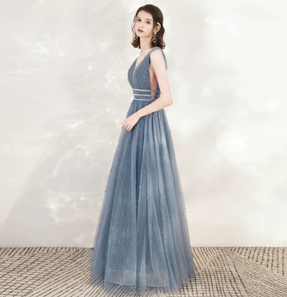Sparkly Dark Blue Tulle Sequins Portrait A-Line Long Prom Dress Party Dress YM2608