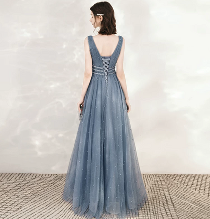 Sparkly Dark Blue Tulle Sequins Portrait A-Line Long Prom Dress Party Dress YM2608