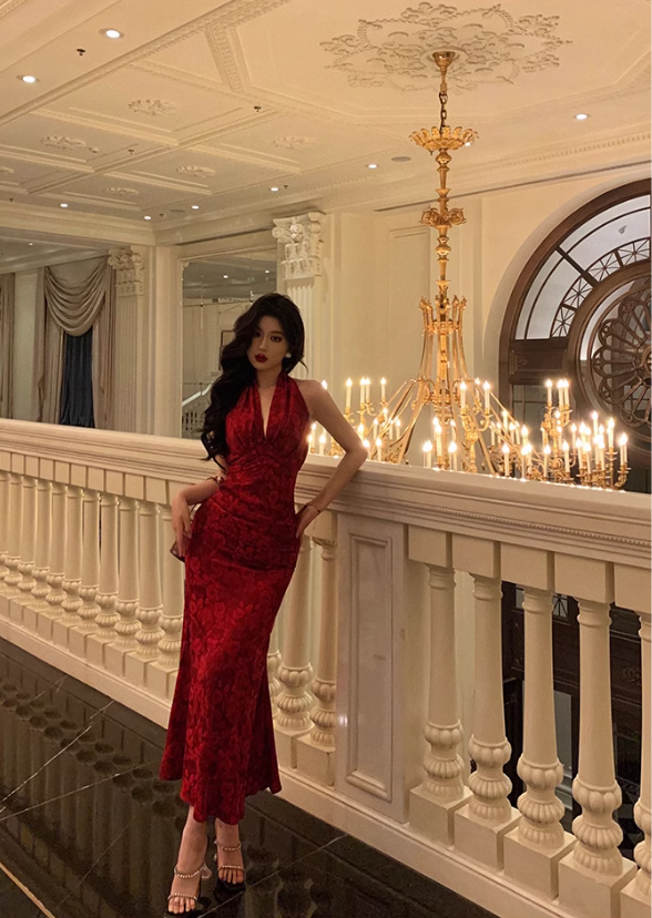 Sexy Red Halter Mermaid Prom Dress Print Floral Birthday Outfits YM1677
