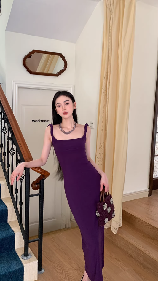 Simple Spaghetti Straps Purple Sheath Party Dress YM1773