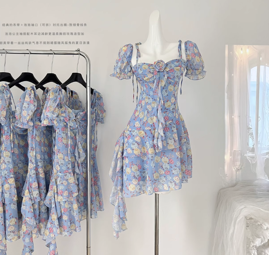 Chiffon Floral Dress New Style Seaside Holiday Irregular Dress Blue Mini Party Dress YM1791