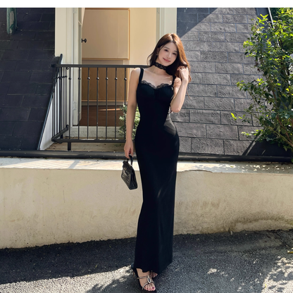 Black Lace Suspender Women Dress New Sexy Long Holiday Dress YM2257