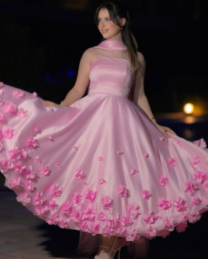 Sweet Barbie Pink Silky Applique Strapless A-Line Long Prom Dress Birthday Dress YM2610