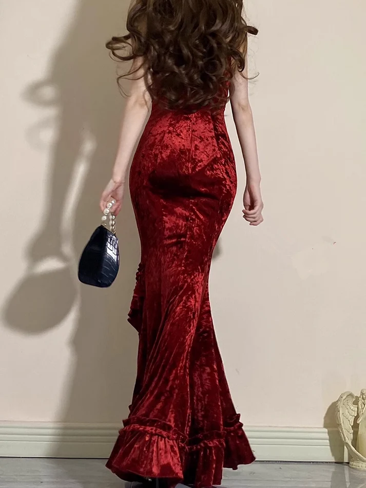 Vintage Mermaid Irregular Ruffled Burgundy Birthday Party Dress YM1603