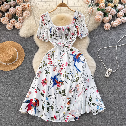 Square neck printed puff sleeve holiday dress  YM1218