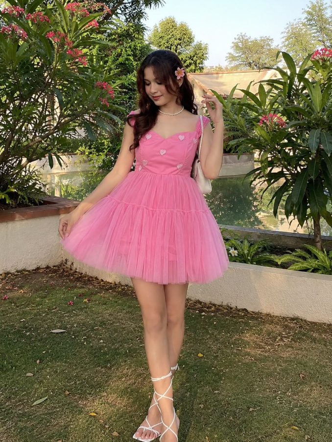 Sweet Pink Tulle Puffy Spaghetti Straps A-Line Short Prom Dress Party Dress YM2518