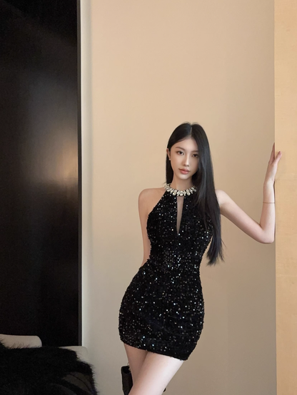 Heavy diamond halter dress sexy hollow sequins slim dress YM1923