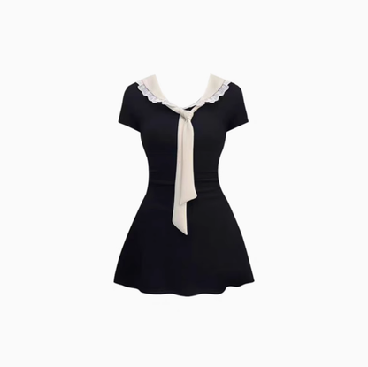 Cute Preppy Style Navy-Collar A Line Women Dresses Black Short Vacation Dress YM2169