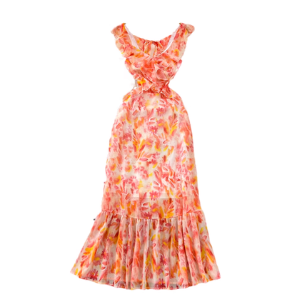 V-neck ruffled a-line printed mermaid dress elegant long dress YM844